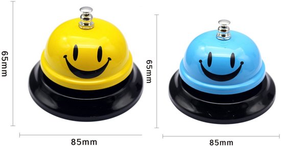 2 stuks - Belletje voor de serveerder - Bestelbel - Restaurantbel - Bel om op te roepen - Geel + blauw - Bel om op te roepen - 85 mm - Roestvrijstalen tafelbel - Restaurantservicebel - Handbel met smiley-patroon — afbeelding 2
