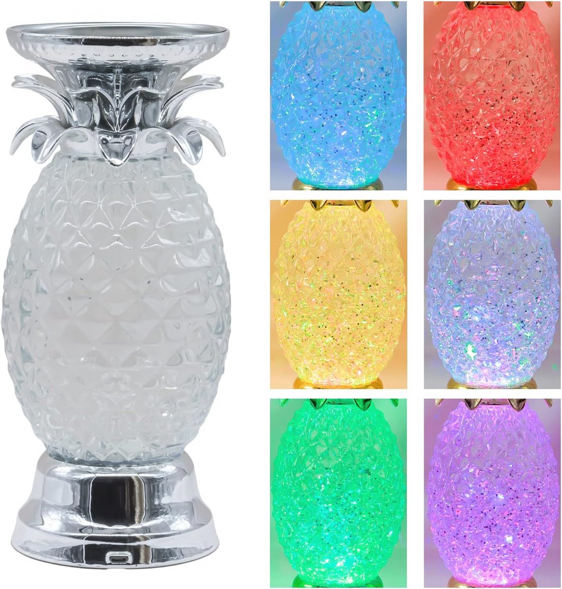 YAKii 9.5 "Ananas LED Kleur Veranderende Shine Lava Lamp, Wervelende Water Golven Lamp Kid Veilig Batterij/Usb Kabel Aangedreven, Tafellamp Kaars Houder Tafel Decoratie Zilver