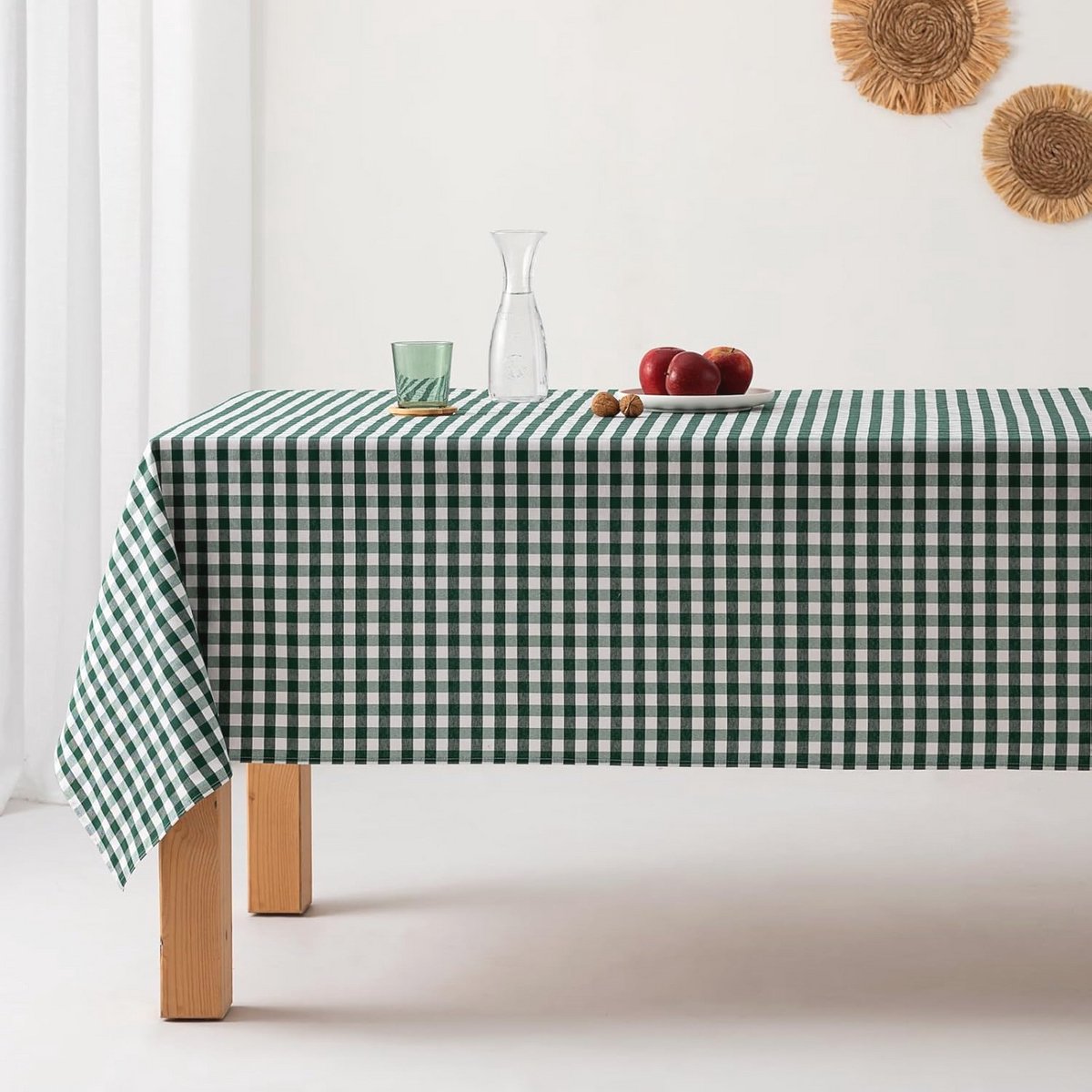 Vlekbestendig Tafelkledenset van Katoen - 140 x 100 cm - Groen met Gingham-patroon