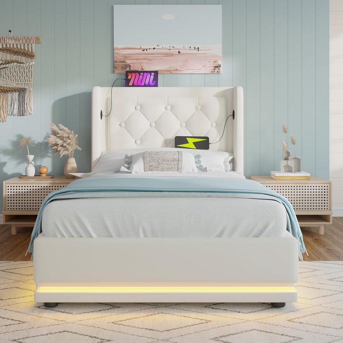 Gestoffeerd eenpersoonsbed met opbergruimte en USB oplaadfunctie – 90 x 200 cm