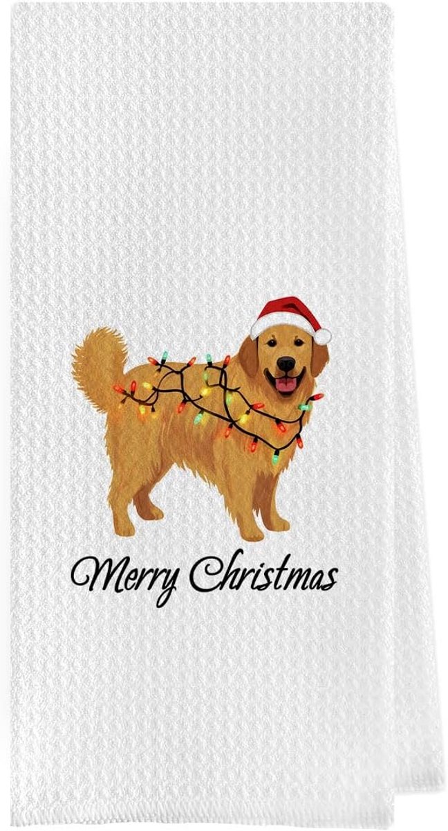 Kerst Keukenhanddoeken met Gouden Labrador Retriever Print - Set van Decoratieve Wafel Weef Theedoeken