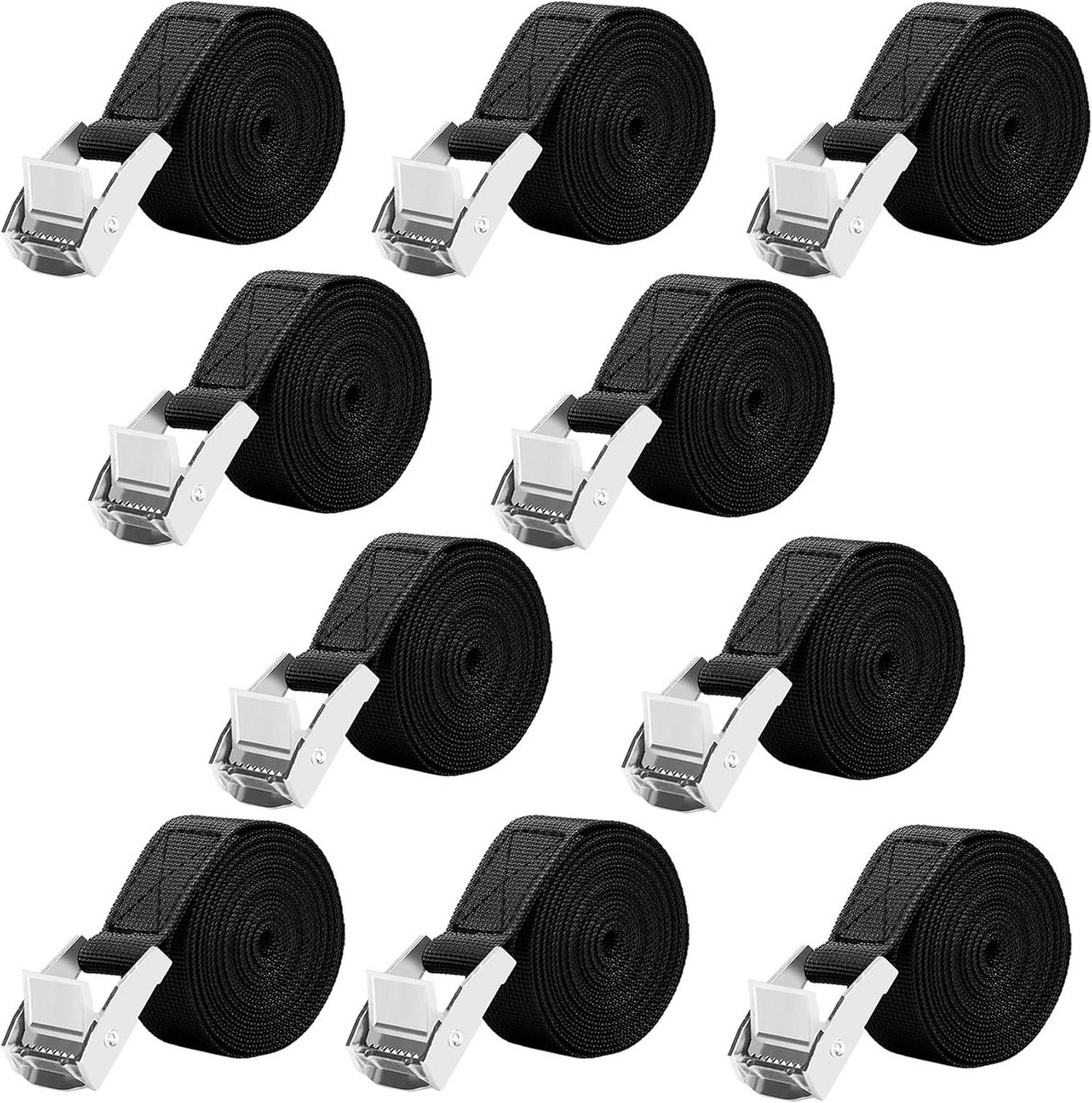Pack van 10 2.5 m spanbanden met ratsch straps tot 250 kg - Zwart