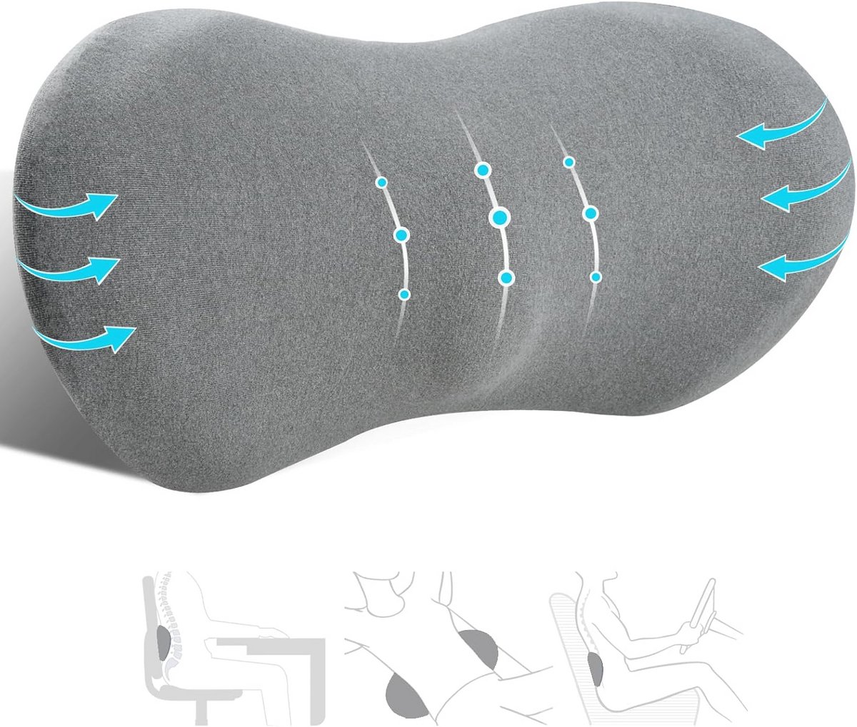 Lendesteun Kussen - Rugkussen Geheugenschuim - Comfortabel Zitten - Ergonomisch Ontwerp - 45 x 22 x 10 cm - Donkergrijs