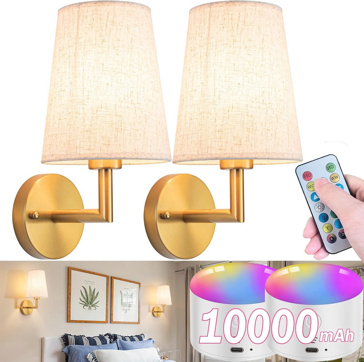 Dimbare Wandlamp met Afstandsbediening - Set van 2 Draadloze Wandkandelaars voor Binnen