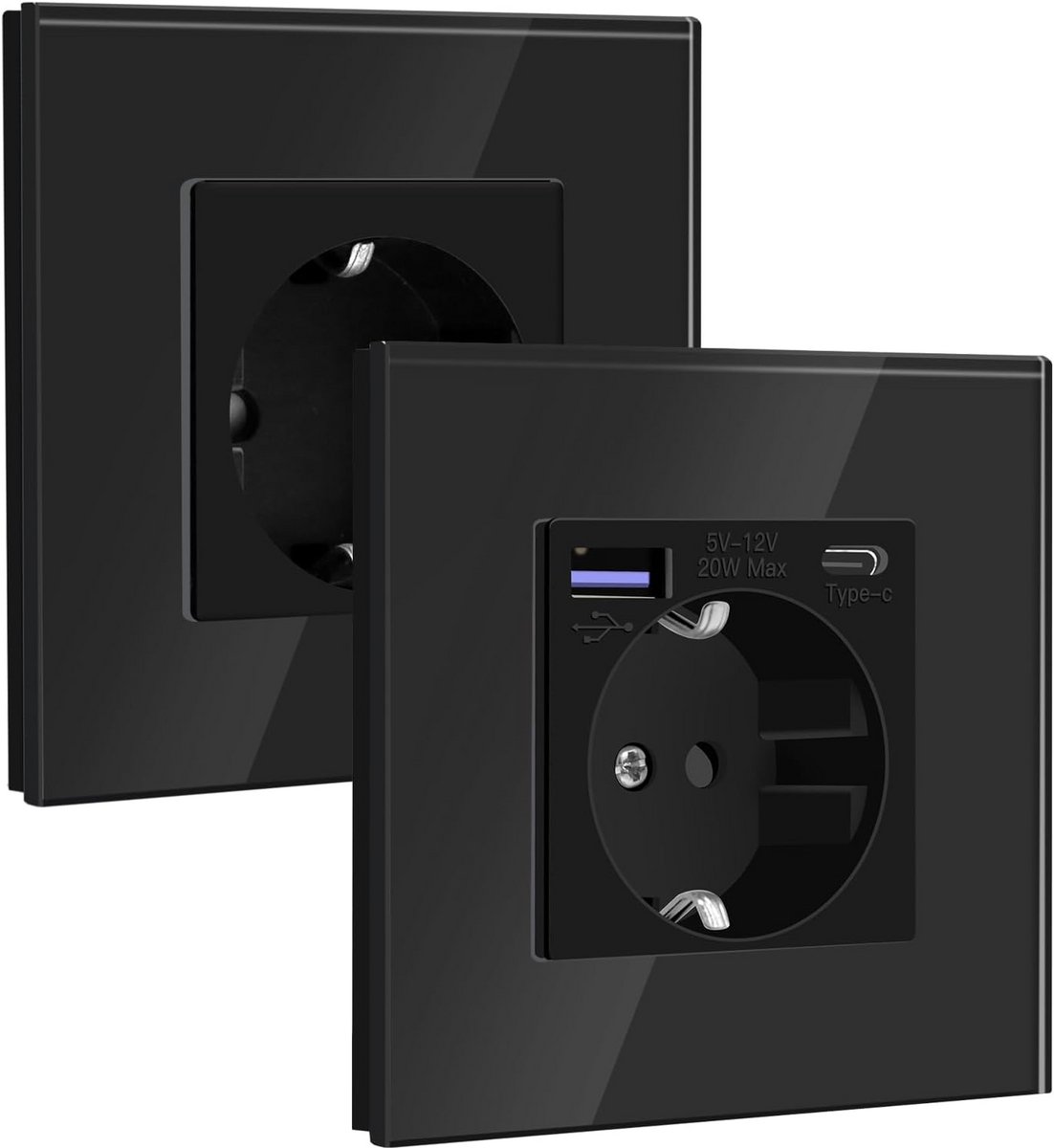 Inbouw Stopcontact met USB C Snellaadpoort 20W en Normaal Stopcontact - Zwart
