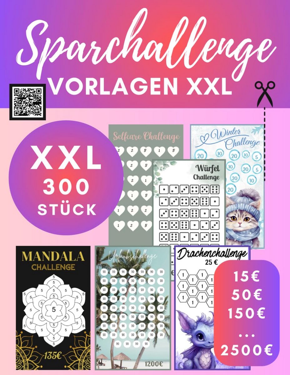 XXL Sparchallenge Vorlagen für die Umschlagmethode - 300 Budgetplanungs-Vorlagen für effektives Geldsparen
