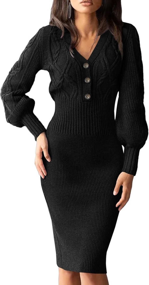 Elegante Dames Trui-jurk met Lange Mouwen en V-hals | Warme Midi-jurk voor Herfst en Winter