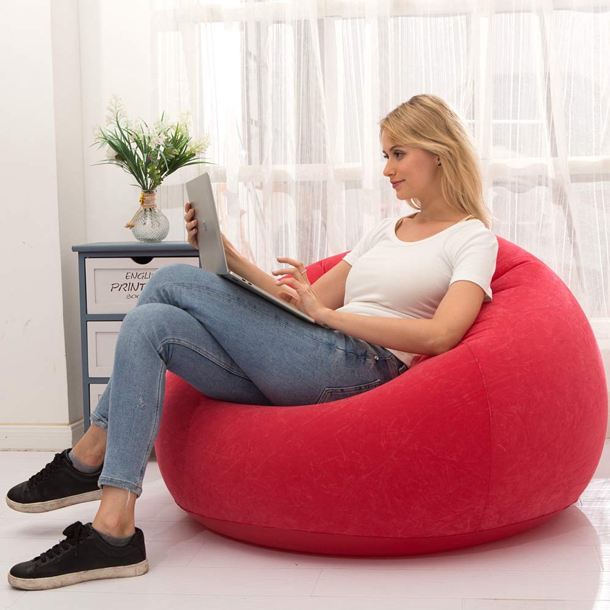 Unyqoos® Comfortabele opblaasbare loungestoel voor binnen en buiten gebruik, rood, 85*110*