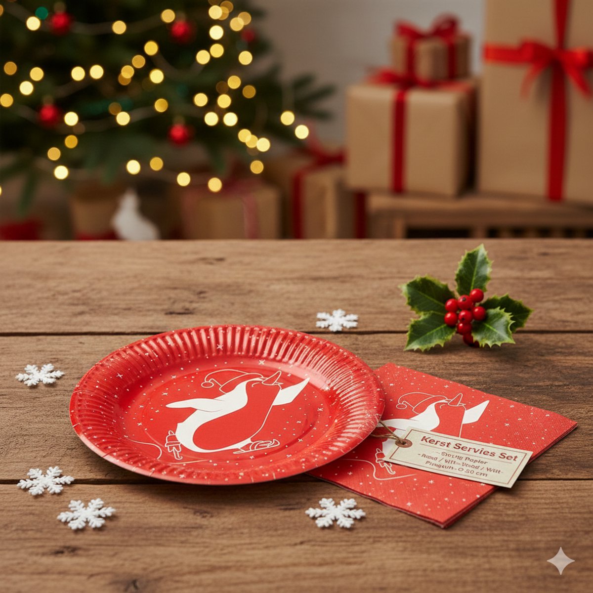 Kerst Gebak Borden - Stevig Papier - Rood / Wit - Winter Pinguin - Ø 20 cm - Set van 6
