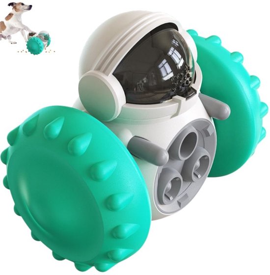 Groene en witte interactieve voerautomaat speelgoedauto met grote, gespikkelde wielen.