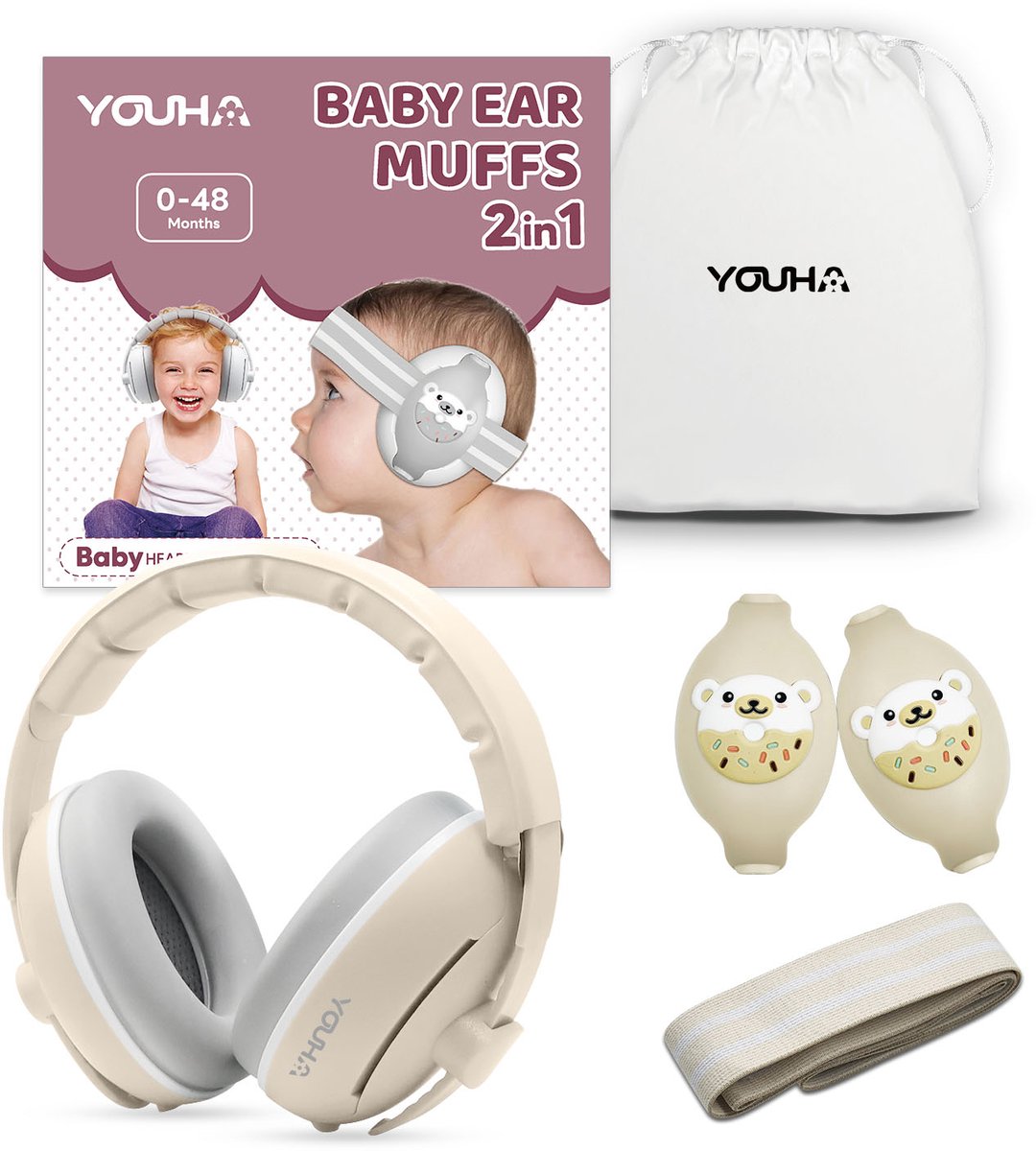 Youha Gehoorbescherming voor Baby's en Peuters - 2-in-1 Gehoorbeschermingsset - Geschikt van 0 tot 4 Jaar - Anti-Slip en Klitterband - Beige