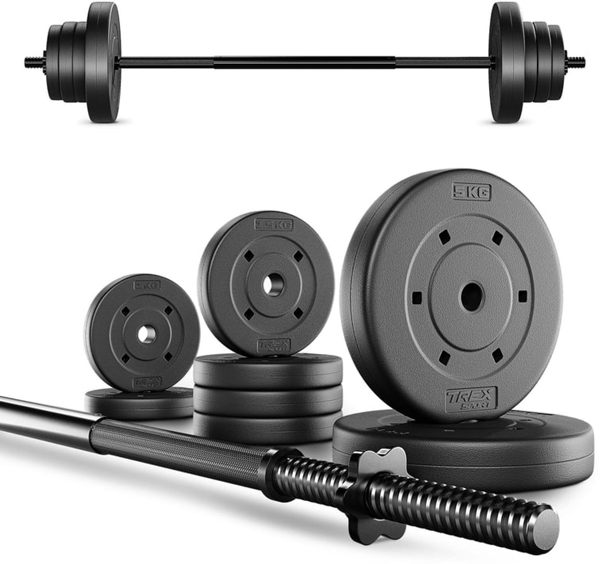 Trex Sport TX-022SE – Halterset – Rechte Halterstang 120 cm – Bitumen Schijven – Ø 25 mm – Fitness Halterset – 22 kg Totaal