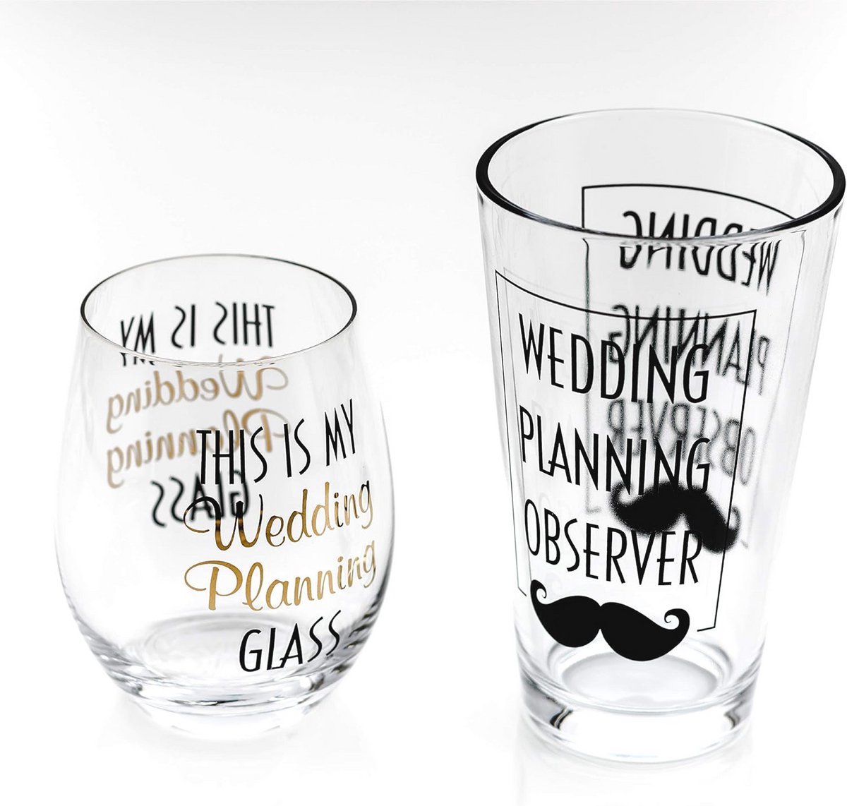 Roostglazen Set voor Bruid en Bruidegom – Stemless Wijnglas en Bierglas