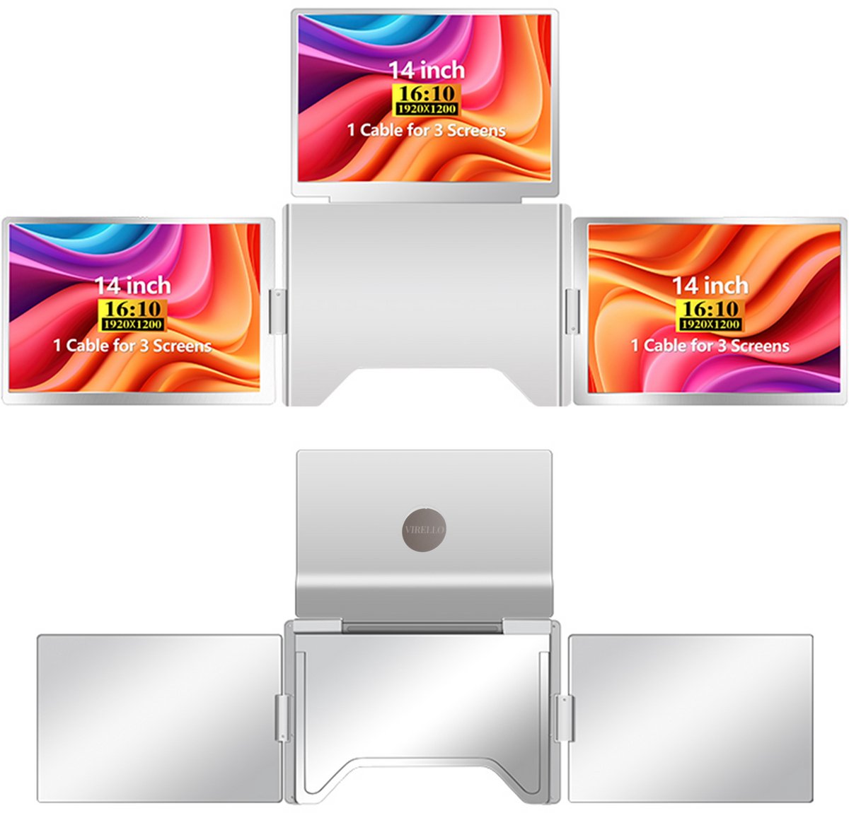 Virello® OneCable 14’’ - Portable Quad Monitor - Inclusief Beschermhoes - Draagbaar Beeldscherm - Draagbare Monitor - Full HD - IPS - Grijs