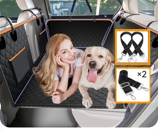Vrouw en hond in autohoes met extra banden getoond in inzetstukken.