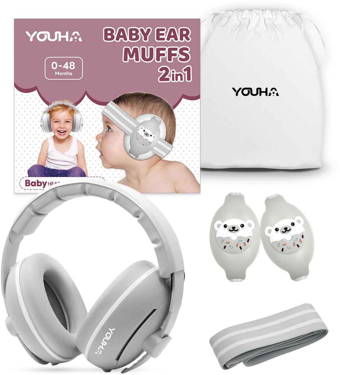Youha gehoorbeschermingsset - gehoorbescherming geschikt voor Baby’s en Peuters (0-4 jaar) - 2-in-1 set - Anti slip- en klitterband - Kleur: Grijs