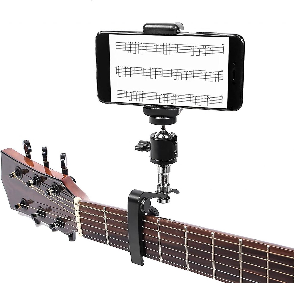 Allecta - Metalen Telefoonhouder voor Gitaar en Bas - Capo Houder voor Mobiele Telefoon - Geschikt voor Elektrische Gitaar - Ukelele Accessoire.