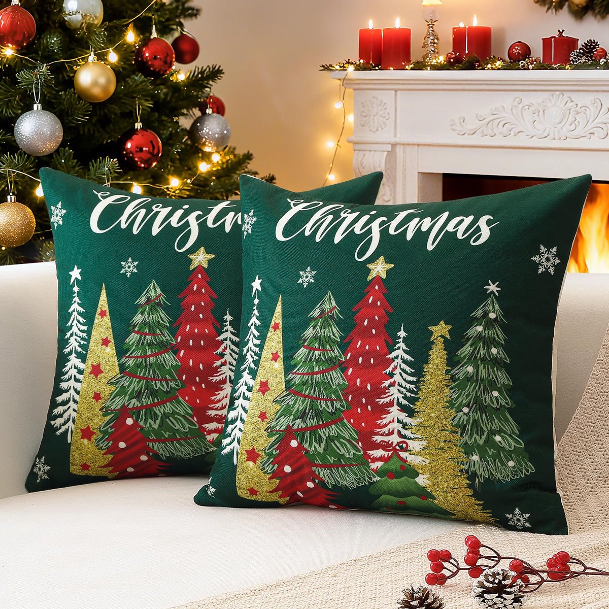 Unyqoos Set van 2 decoratieve kussenhoezen met kerstmotief voor sfeervolle inrichting groen
