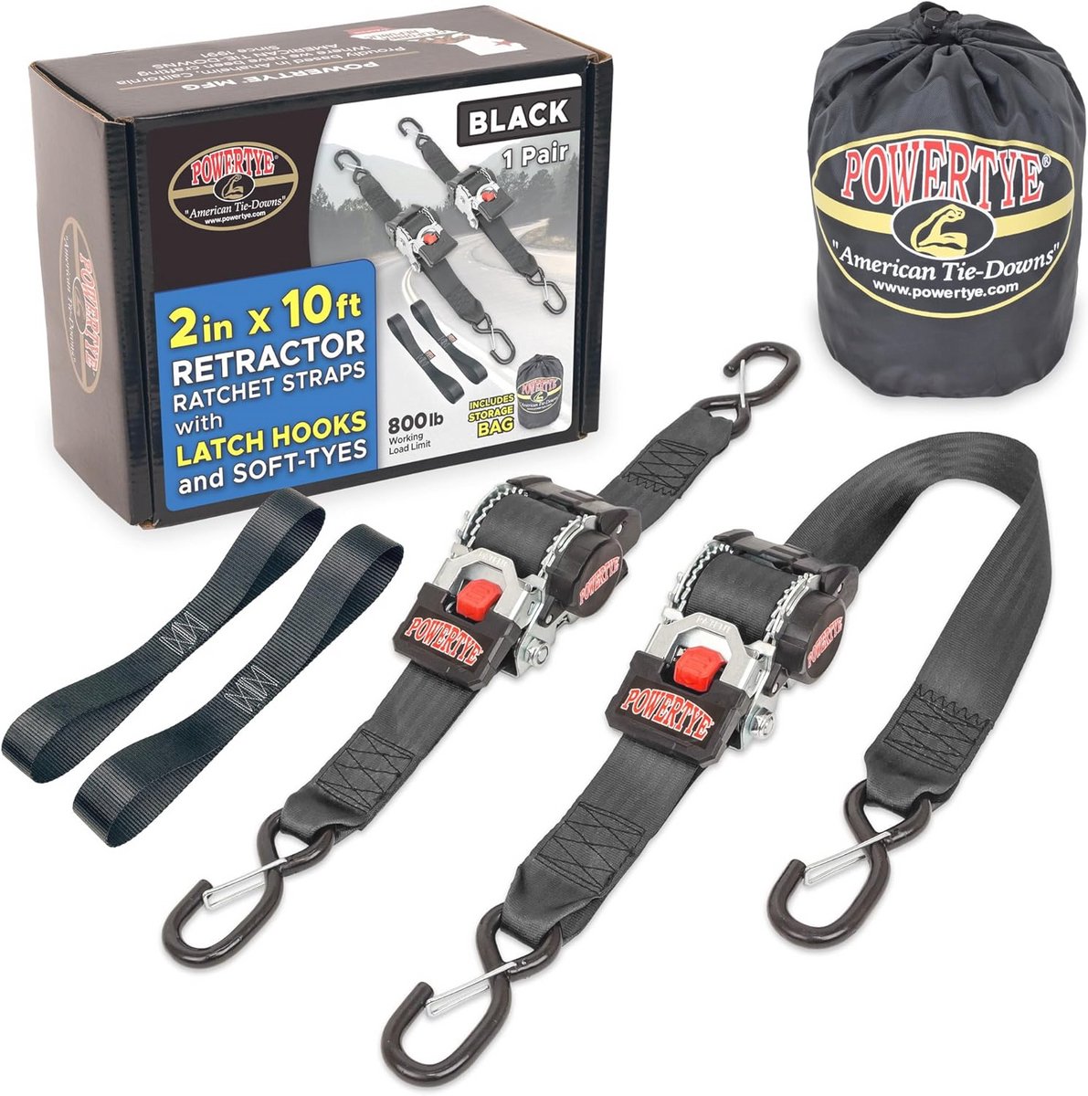 Zware 2" x 10ft intrekbare ratel tie-downs met grendel haken - 800 lbs werkbelasting limiet - zwart (paar)