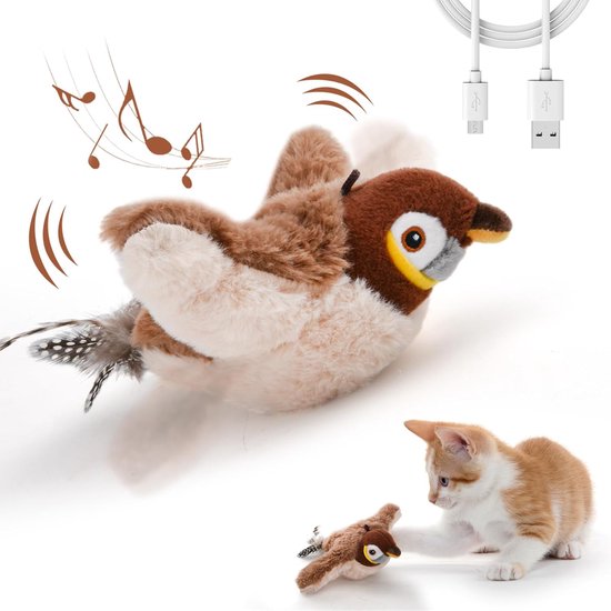 Oneay 1 Pack Speelgoed pour chats, jouet oiseau volant pour chats d'intérieur, rechargeable, speelgoed électrique pour chats avec sons d'oiseaux, jouet d'entraînement pour chatons en peluche, moineau brun