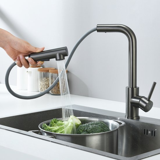 CECIPA max Keuken kraan - Keukenkraan Met Uittrekbare Uitloop met 2 straalsoorten - Spoelkraan 360° draaibaar Mengkraan keuken grijs(Gun metal)