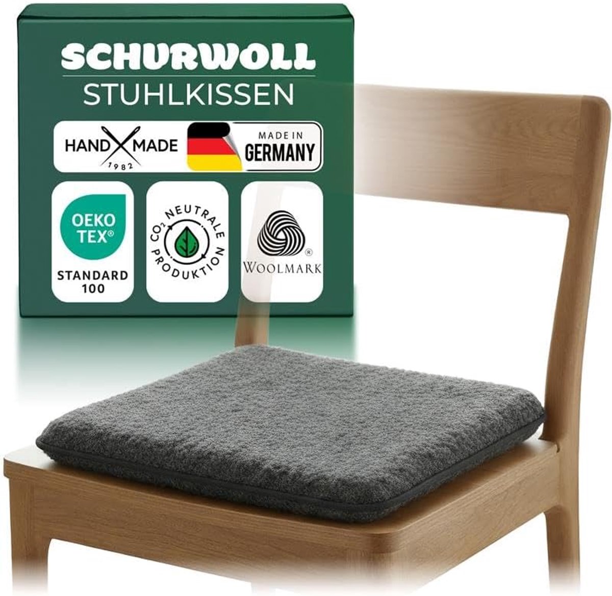 Novaliv zitkussen, puur wol, dubbelzijdig, 38 x 38 cm, antraciet, dubbelzijdig wol, omkeerbaar, temperatuurregulerend en ademend, zacht, geurarm, handgemaakt, Made in Germany