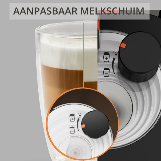 Vergelijking van een gelaagd melkdrankje met de instelknop voor melkschuim op de Krups Sensation espressomachine.