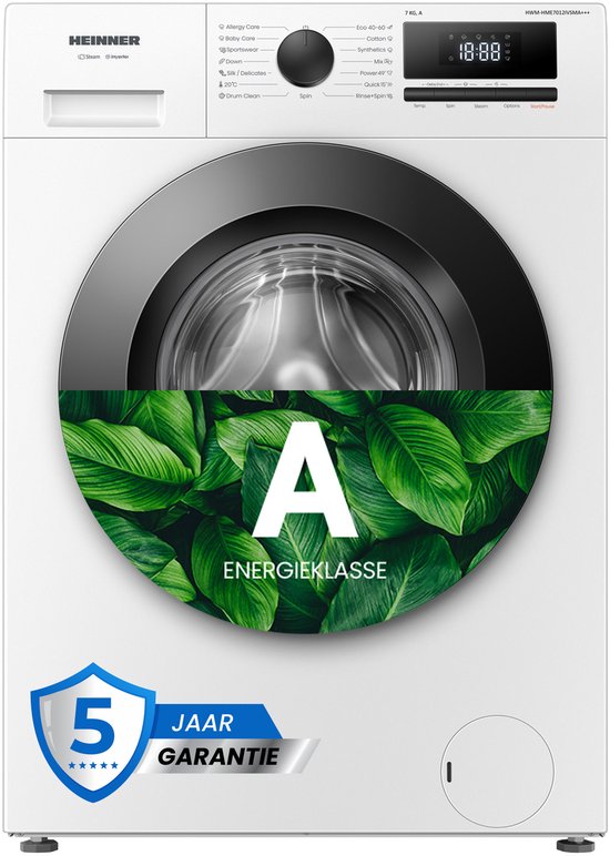 Heinner HWM-HME7012IVSMA+++ Slanke Wasmachine 7 kg – 1200 tpm – Inverter Motor – Energieklasse A – 15 Programma’s met Stoomfunctie en Anti-Allergie – Wit – 5 Jaar Garantie