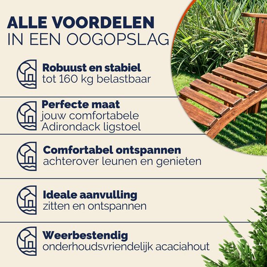 Houten Adirondack stoel met tekst: Alle voordelen in een oogopslag. Robuust en stabiel tot 160 kg belastbaar.