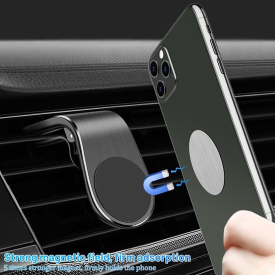 Zwarte magnetische autohouder bevestigd aan een ventilatierooster, met een smartphone die magnetisch wordt vastgehouden.