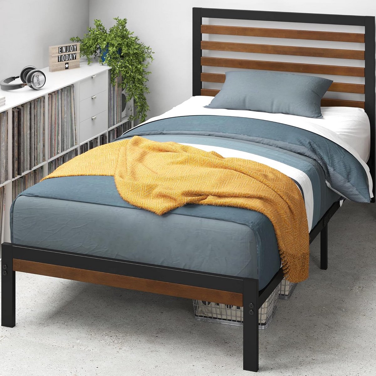 Bedframe 90 x 200 cm met Bamboe en Staal, Modern Design voor Slaapkamer