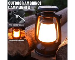Op zonne-energie werkende, oplaadbare decoratieve sfeerverlichting, retro lantaarn, LED-tafellamp, buitenlamp voor kamperen, tafellamp, lantaarn, woondecoratie - zwart