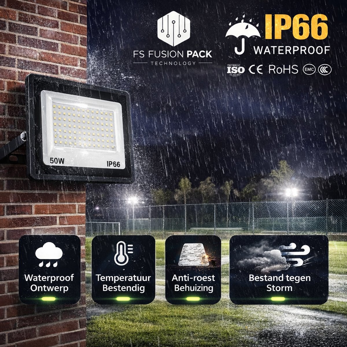 Outdoor 50W LED Floodlight Waterdichte LED Schijnwerper voor Tuin en Terras- 50Watt LED Flood Light IP66- Led-FS Fusion Pack Technology – LED IP66 – 50W / 150W – 6000K – Waterdichte Buitenlamp – Aluminium LED Floodlight – Reflector Spotlight
