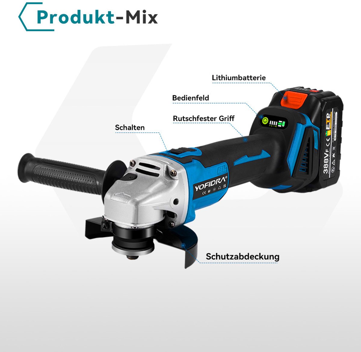 Yofidra Haakse slijper - Ø125MM Draadloze Slijptol - Elektrische Slijpmachine - Borstelloze Motor - met 2x Accu - 8500 tpm - voor snijden, slijpen en polijsten – foto 2