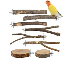 8-delige set – Vogelzitstok – Papegaaienstandaard – Papegaaienzitstok - Houten papegaaienzitstok – Papegaaienspeelgoed – Vogelnestplatform – Vogelkooiaccessoires – Houtkleur – Geschikt voor papegaaien en dwergpapegaaien
