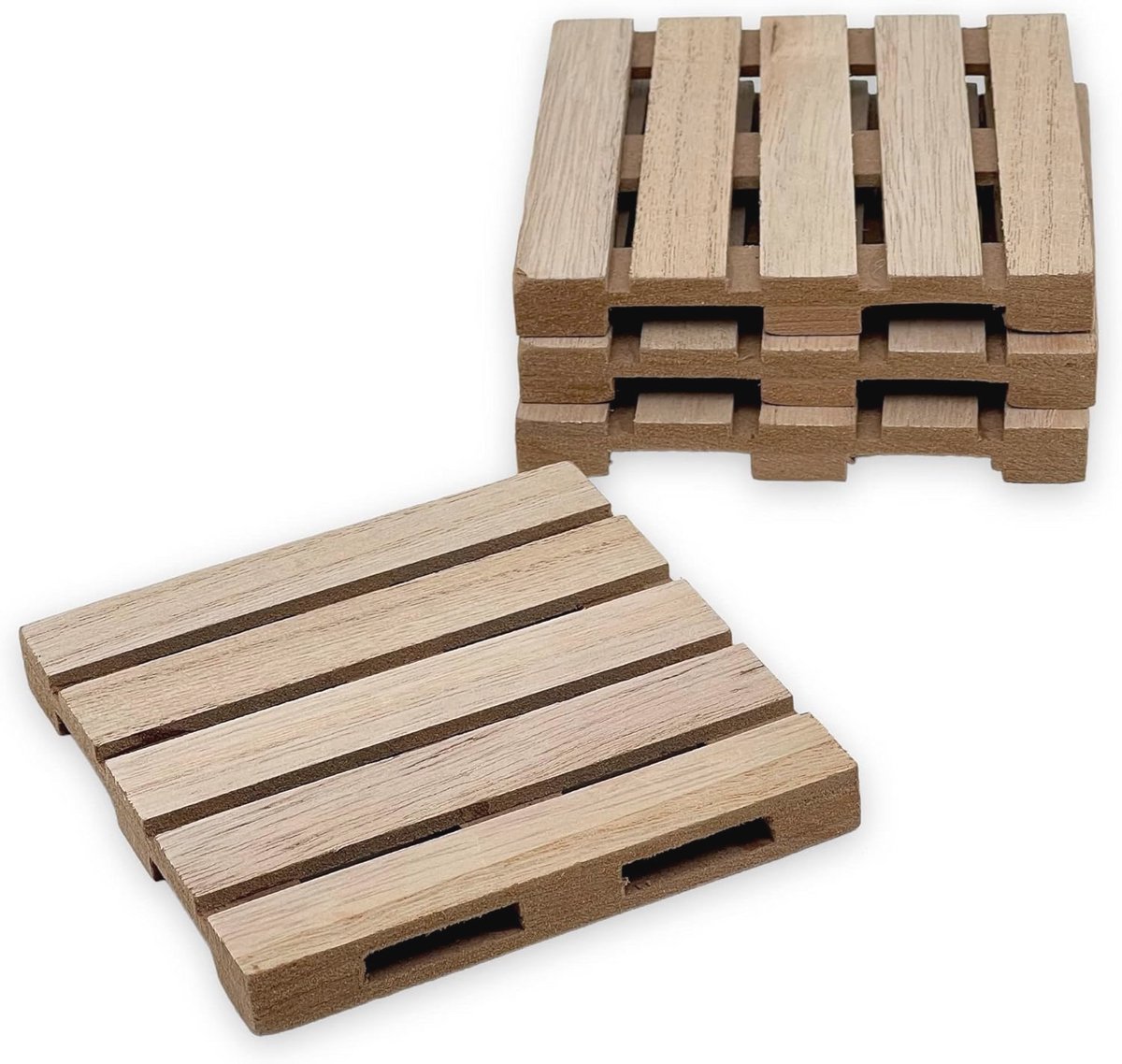 Set van 4 palletvormige houten onderzetters voor glazen - 10 x 10 cm