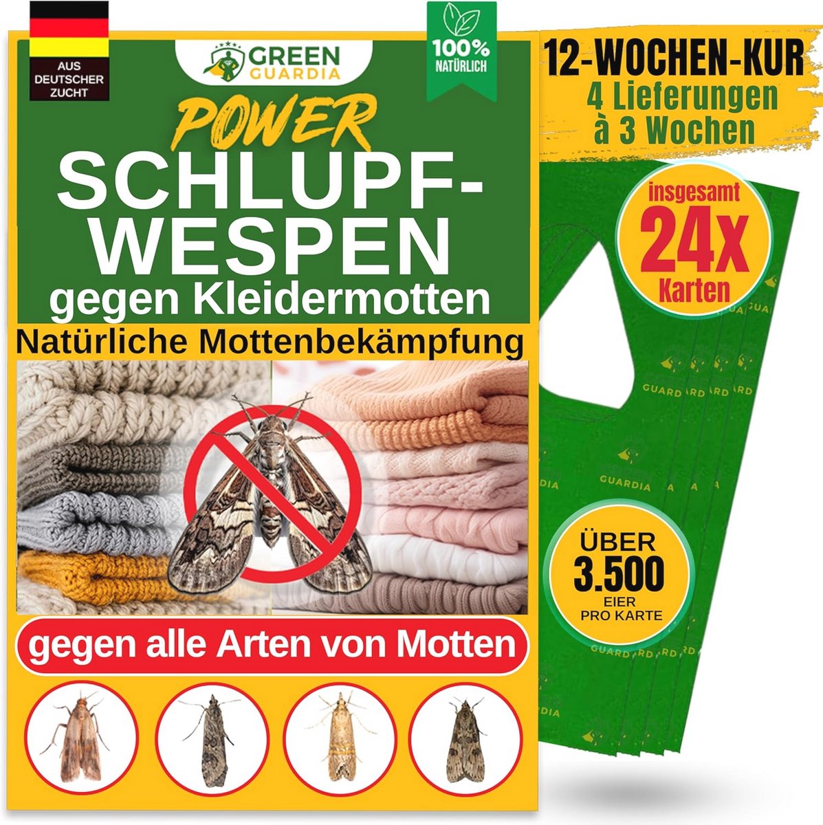 GREEN GUARDIA Sluipwespen tegen kledingmotten, 6 kaarten à 4 leveringen, effectief motten bestrijden, biologisch en milieuvriendelijk alternatief voor mottenval, mottenspray, feromval