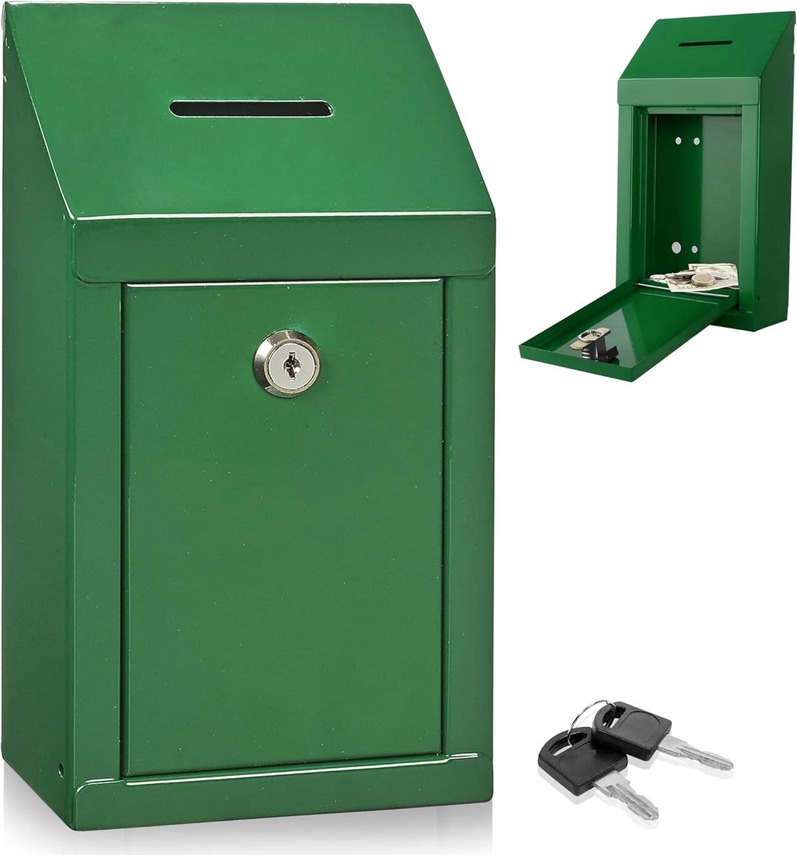 Metalen donatie box liefdadigheid stalen collectebus kantoor suggestie box veilige doos met bovenste sleuf en slot met sleutels muurbevestiging met voorgeboorde gaten 25x15x6 cm sleutel drop box voor