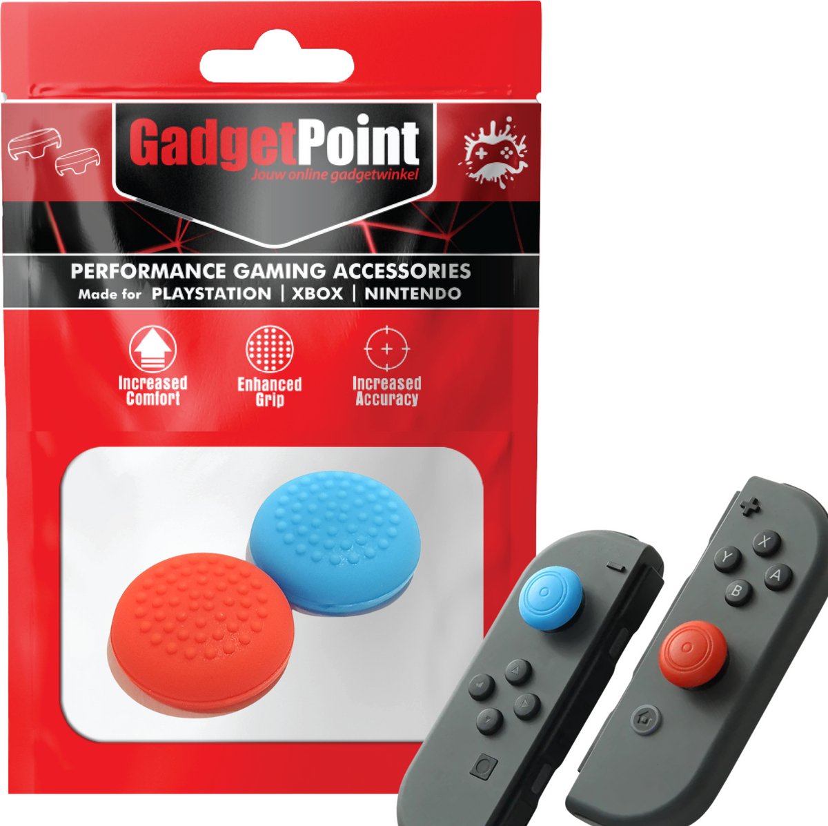 Gadgetpoint - Thumb Grips voor Nintendo Switch Joy-Con Controllers - Gaming Thumbgrips - Performance Anti-Slip Thumbsticks - Bescherming Accessoires - Thumbs Stippen - Blauw/Rood