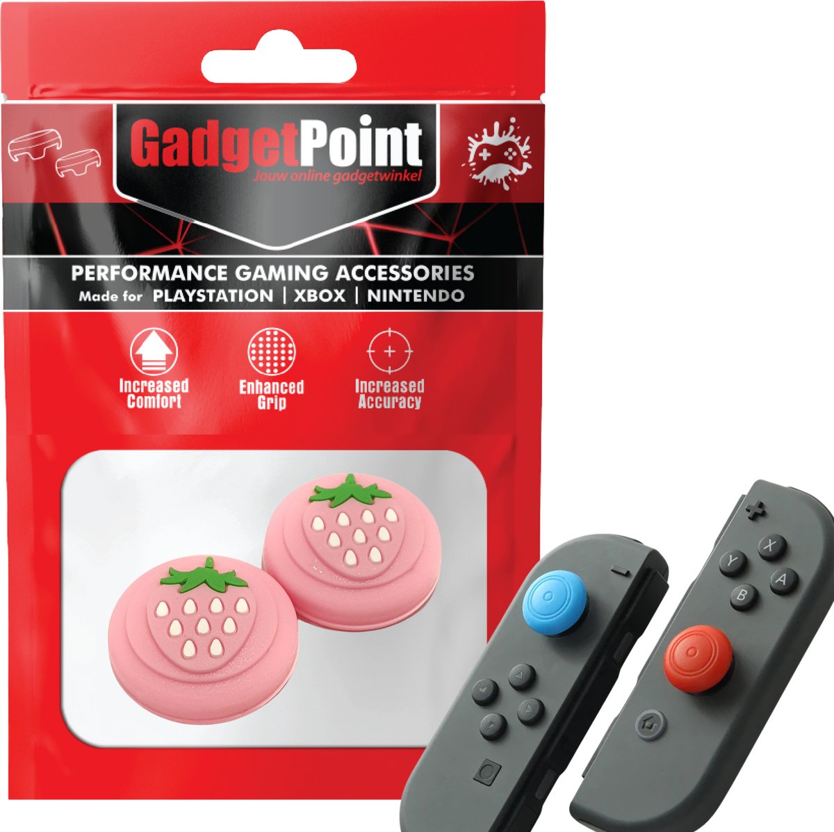Gadgetpoint - Thumb Grips voor Nintendo Switch Joy-Con Controllers - Gaming Thumbgrips - Performance Anti-Slip Thumbsticks - Bescherming Accessoires - Aardbeien - Lichtroze