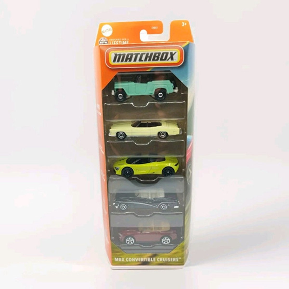 MATCHBOX 5 IN BOX MBX CONVERTIBLE CRUISERS JEEP 1948 WILLYS JEEPSTER, CADILLAC ELDORADO 1975 CONVERTIBLE,McLAREN 720S SPIDER, 1953 BUICK SKYLASK CONVERTIBLE, 2018 FORD MUSTANG CONVERTIBLE METAL (1:64) 5 PACK