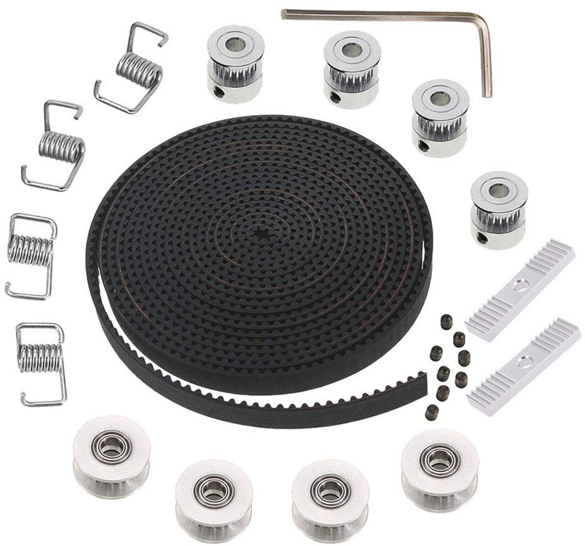 5 m Tandriem 6 mm + 4 Tanden Katrol 5 mm + 4 Torsieveren + 2 Tandriemklemmen voor 3D-printers