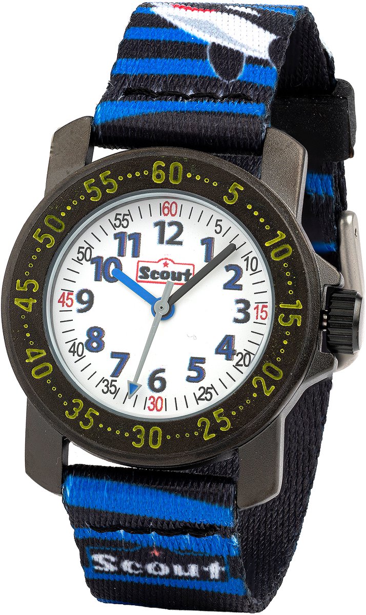 Scout Kinderuhr analog aus der Serie "Action" mit schwarz blauem Textilband mit Orca-Motiven und Quarzwerk