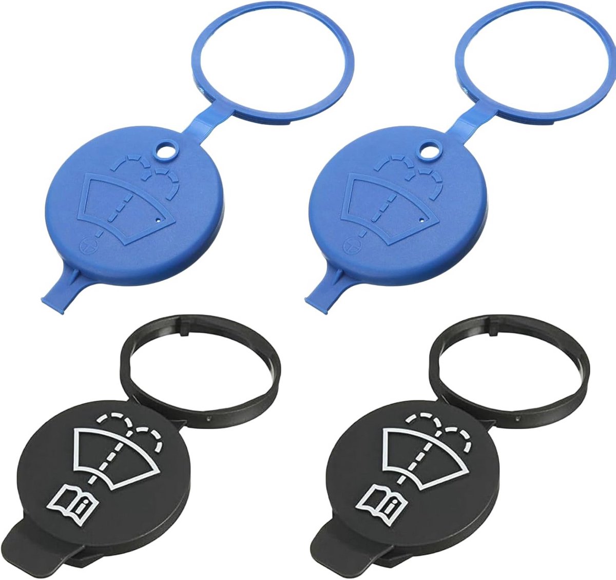4 stuks wasvloeistofreservoirs en tankdoppen voor ruitenwissers - zwart en blauw