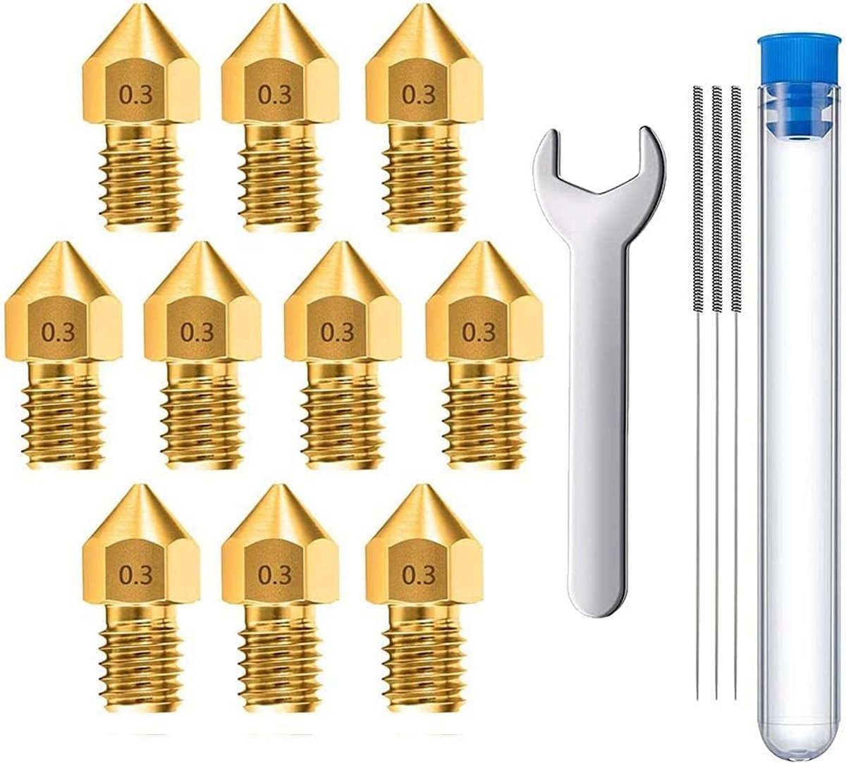 10 Stuks 0.3mm Messing 3D Printer Nozzles Set MK8 Extruder Geschikt voor Creality Ender & CR-10 Series