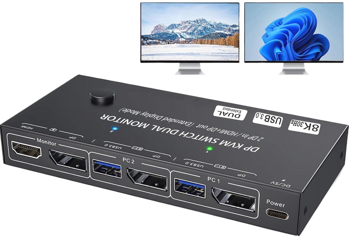 KVM Switch 2 PC's 2 Monitoren met 8K DisplayPort en USB 3.0