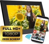 Frameo digitale fotolijst met Full HD+ 1080p resolutie toont een lachende vrouw in een veldboeket.