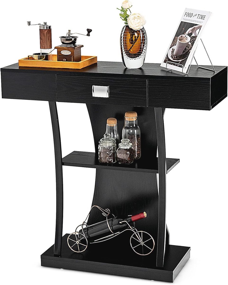 Vintage Consoletafel van Hout met Lade en Planken - Industriële Bijzettafel voor Entree, 91 x 30 x 88 cm, Zwart