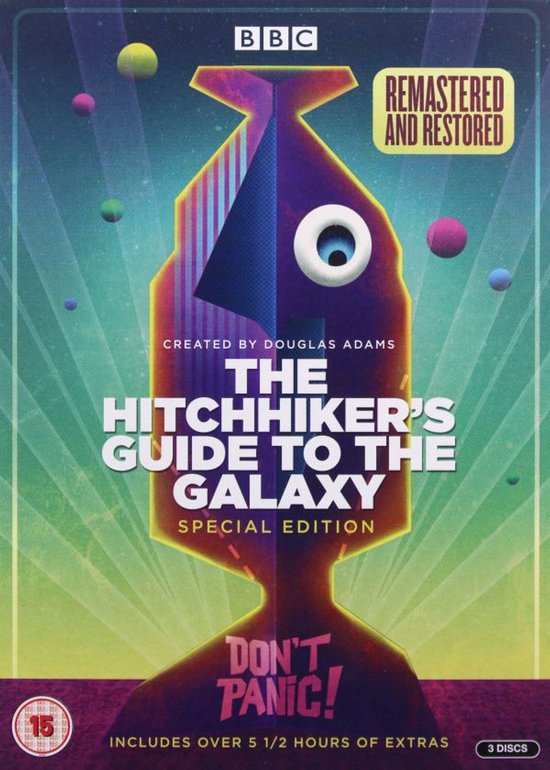DVD hoes met paarse alien figuur, BBC logo en "The Hitchhiker's Guide to the Galaxy Special Edition".