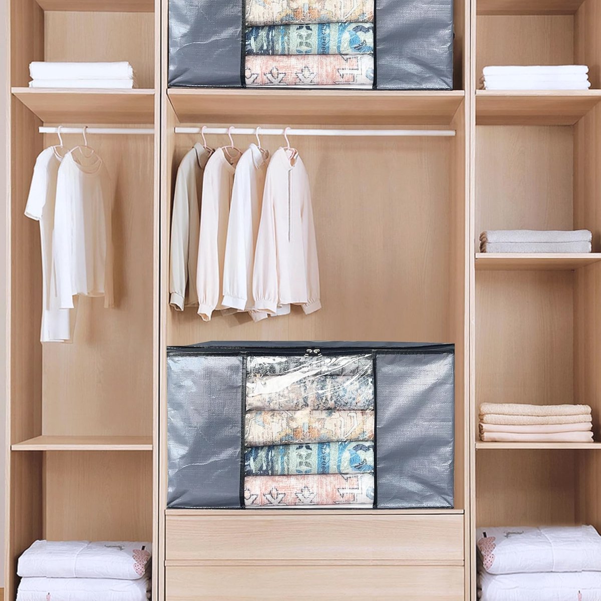 Duurzame 90L Opbergzakken - Opbergcontainers voor Kleding en Dekens, Stevige Geweven Stof, Inklapbaar met Rits, 6 Stuks